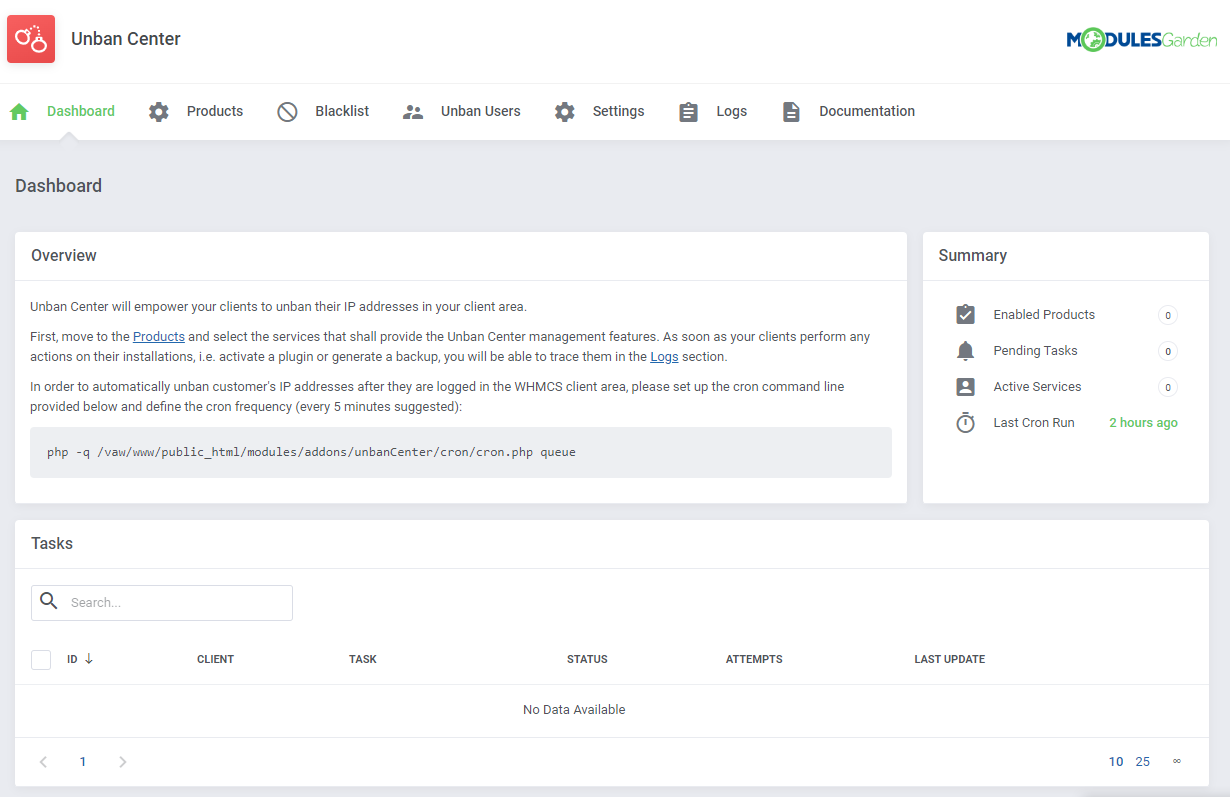 Unban Center For WHMCS: module dashboard in the WHMCS admin area with overview, summary and an empty tasks list