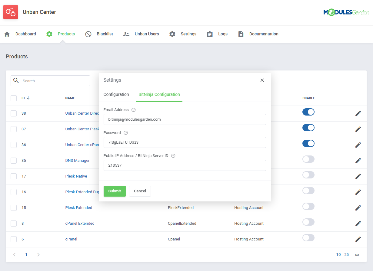 Unban Center For WHMCS: product Settings dialog BitNinja Configuration tab with email, password and server ID fields