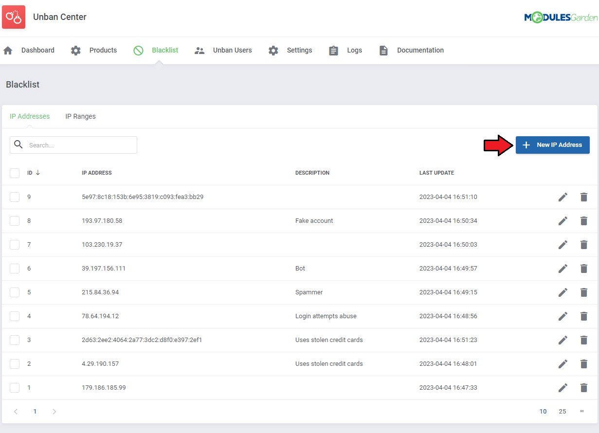 Unban Center For WHMCS: Blacklist tab with the list of IP addresses and an arrow pointing to the New IP Address button