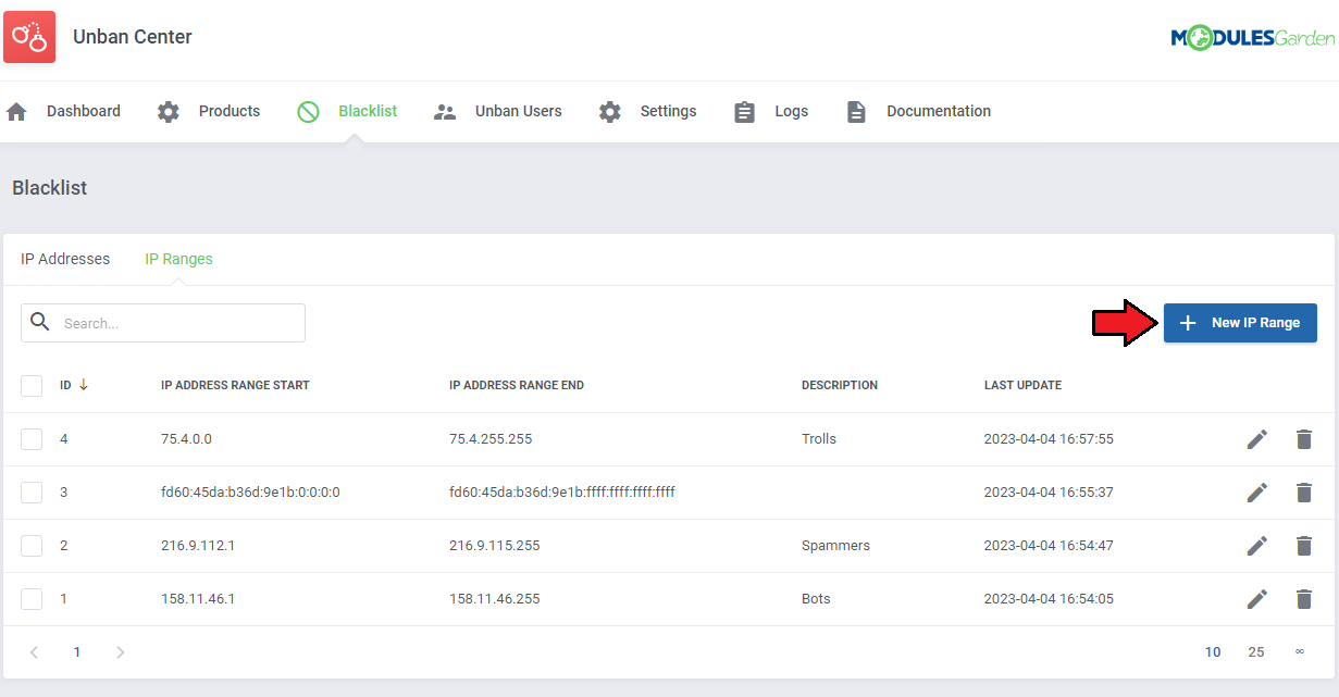 Unban Center For WHMCS: Blacklist IP Ranges tab with the list of ranges and an arrow pointing to the New IP Range button