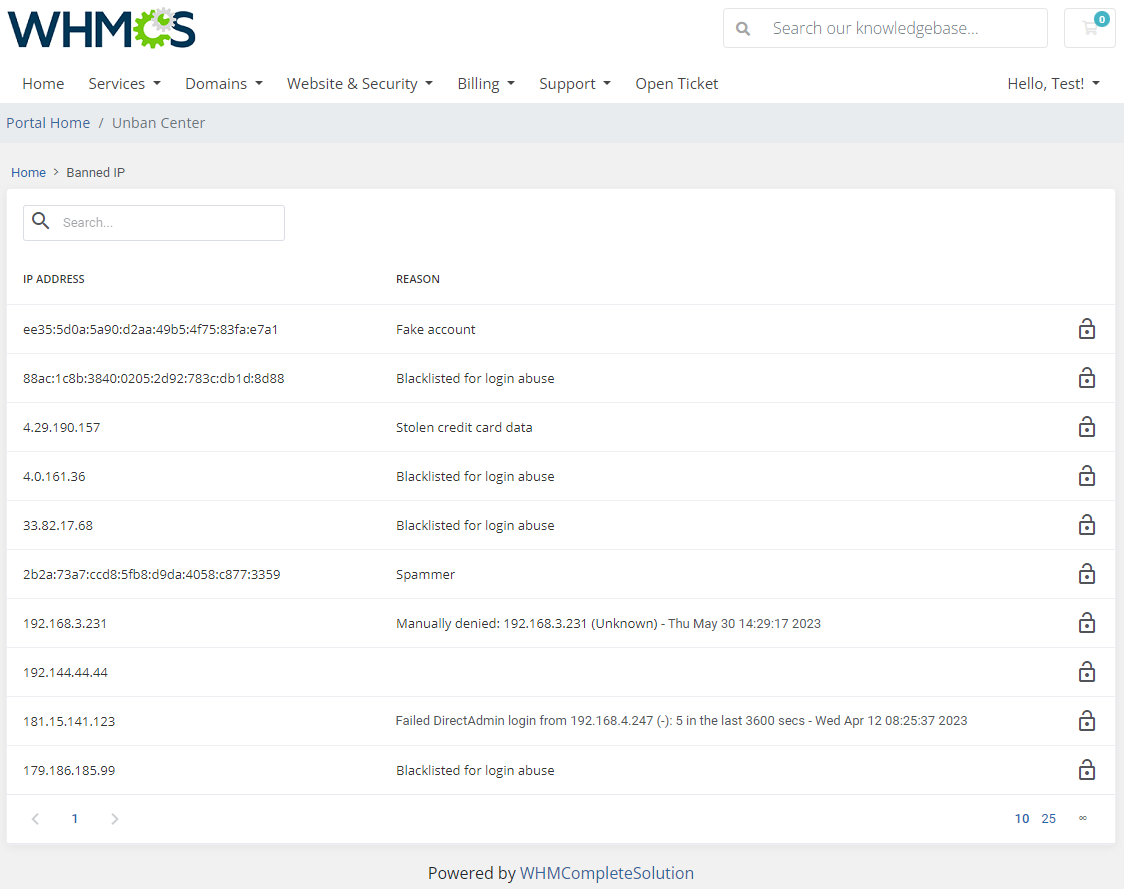 Unban Center For WHMCS: client area Banned IP page with the list of banned IP addresses, reasons and unban icons