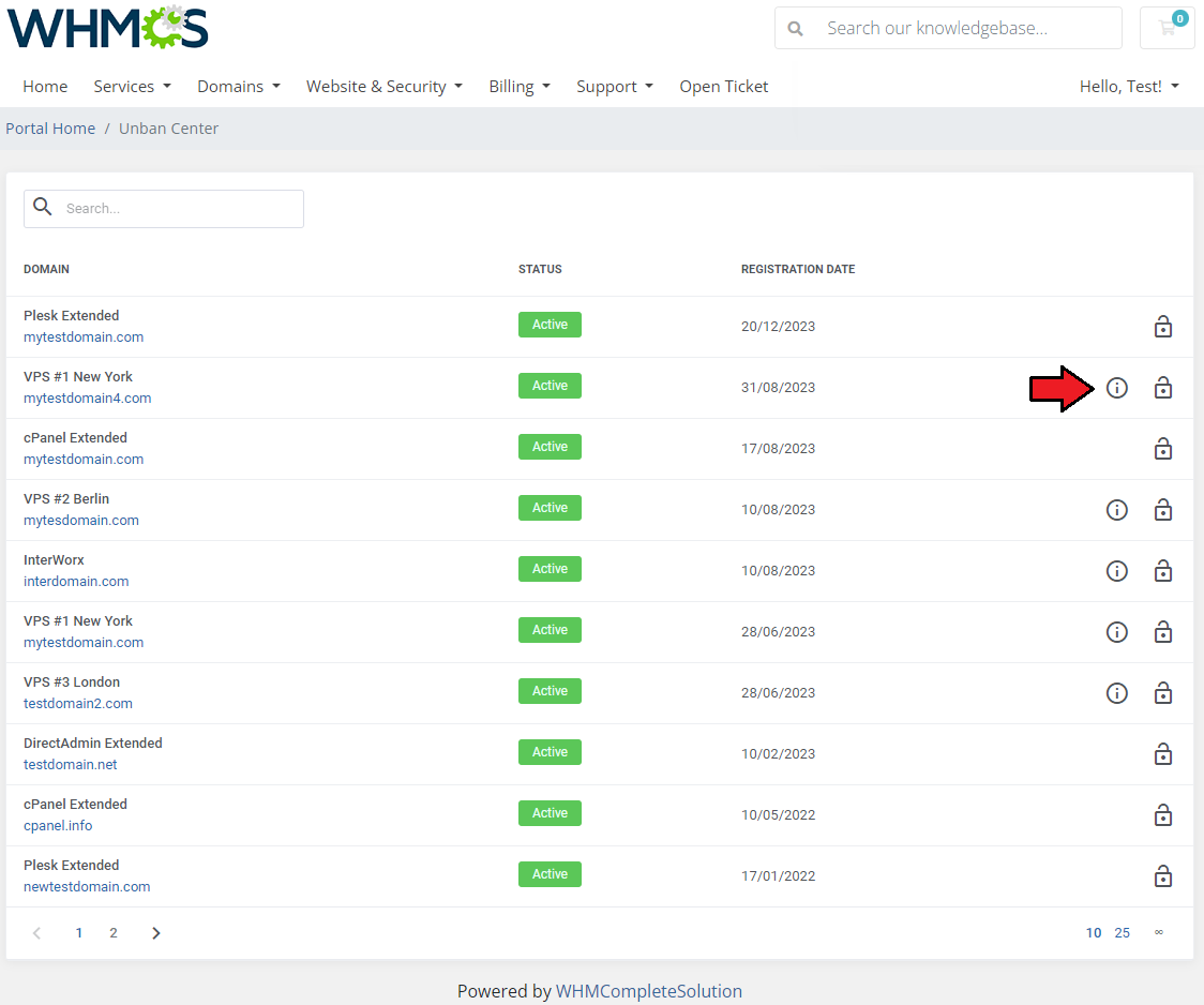 Unban Center For WHMCS: client area Unban Center product list with an arrow pointing to the info icon of a VPS product