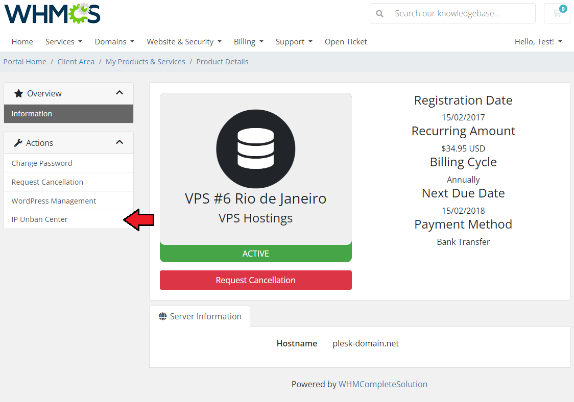 Unban Center For WHMCS: WHMCS client area product details page with an arrow pointing to the IP Unban Center sidebar