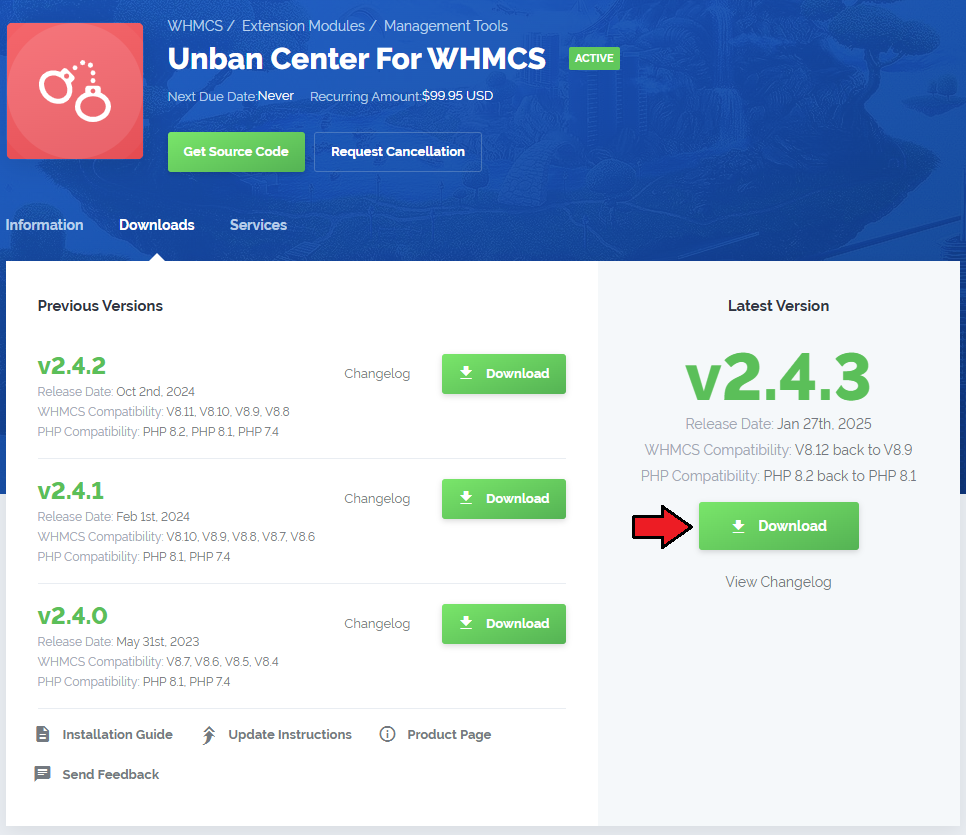Unban Center For WHMCS: client area product Downloads tab with the Download button for the latest module version