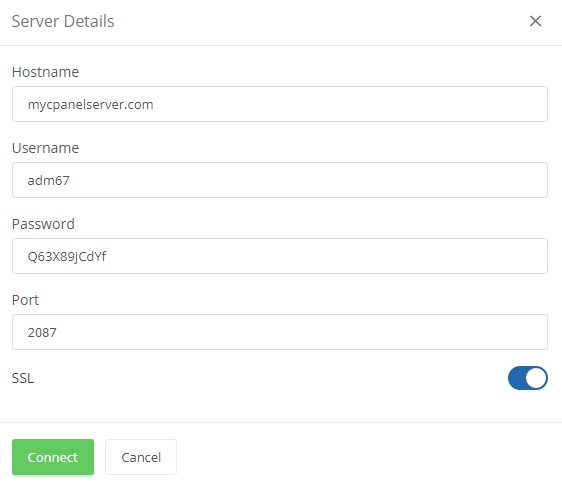 Unban Center For WHMCS: client area Server Details dialog with hostname, username, password, port, SSL and the Connect