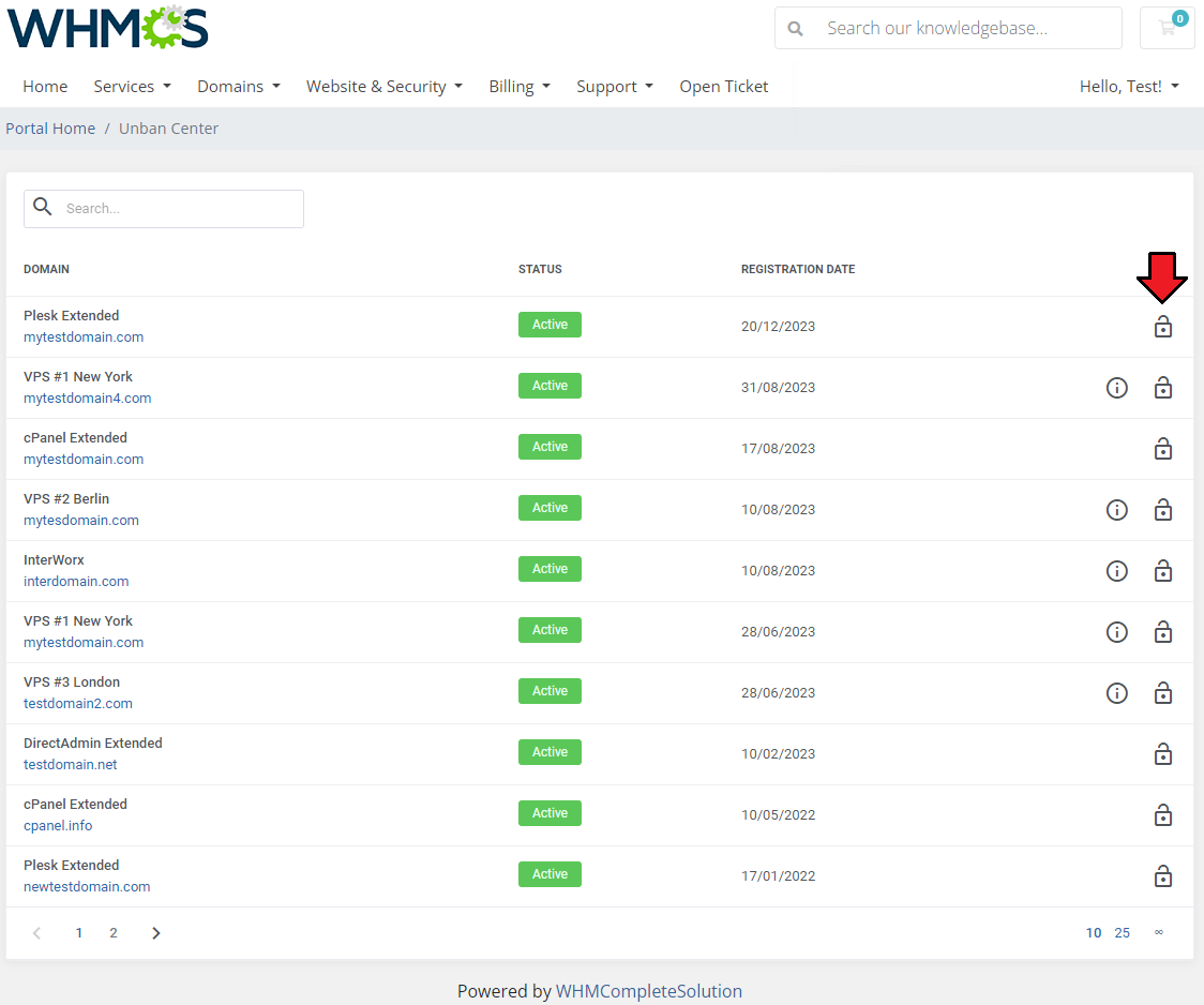 Unban Center For WHMCS: WHMCS client area Unban Center page with the list of products and an arrow pointing to the