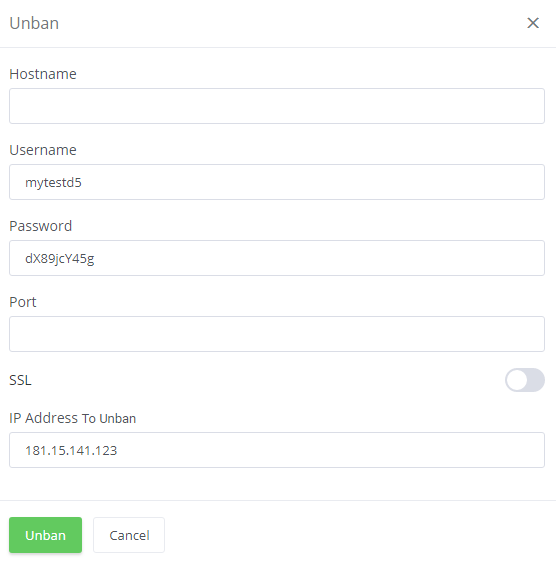 Unban Center For WHMCS: client area Unban dialog with empty hostname and port, filled username, password and IP address