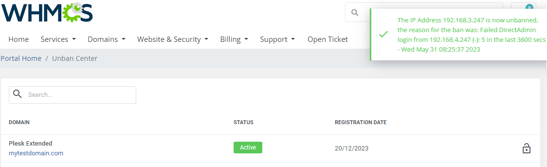 Unban Center For WHMCS: WHMCS client area Unban Center page with a success message that the IP address is now unbanned