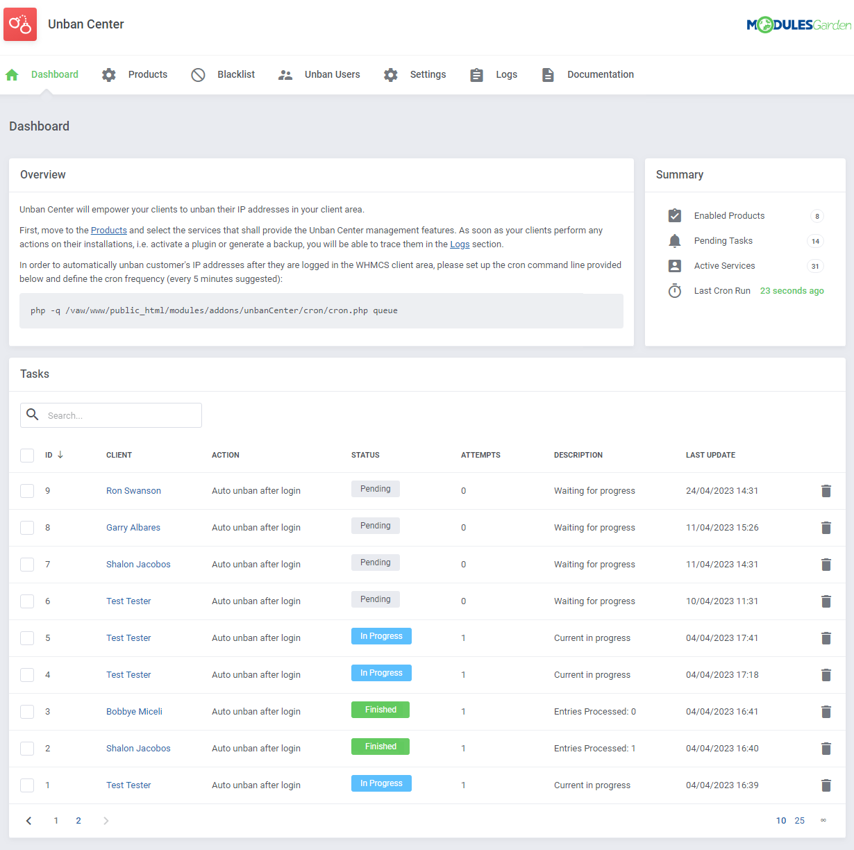 Unban Center For WHMCS: module dashboard with summary counters and a tasks list of auto unbans