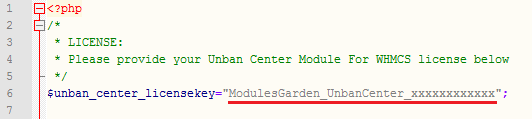 Unban Center For WHMCS: license.php file opened in an editor with the license key entered between quotation marks