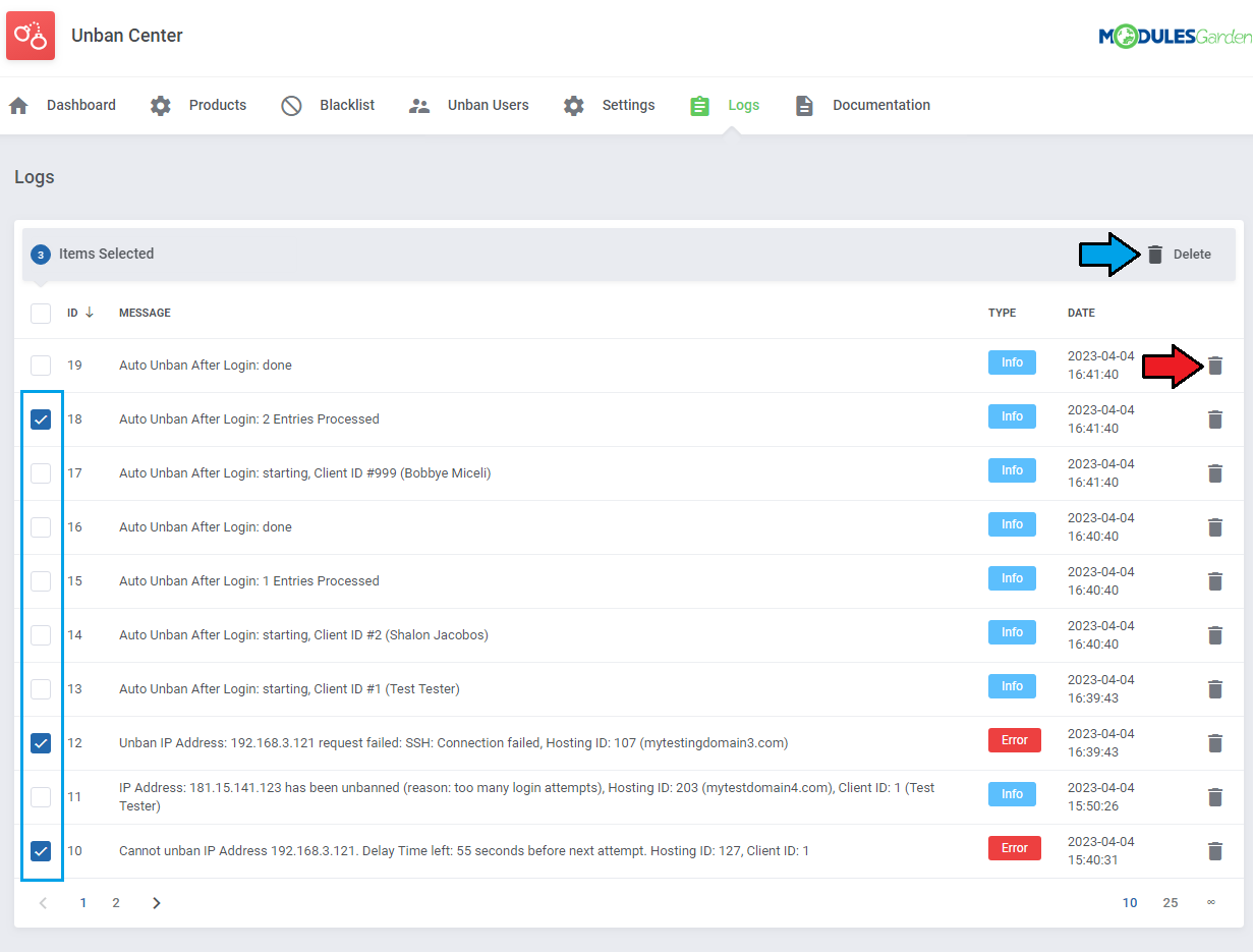 Unban Center For WHMCS: Logs tab with log entries, selected rows and arrows pointing to the delete icons