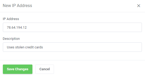 Unban Center For WHMCS: New IP Address form with the IP address and description fields and the Save Changes button
