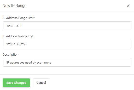 Unban Center For WHMCS: New IP Range form with the range start, range end and description fields