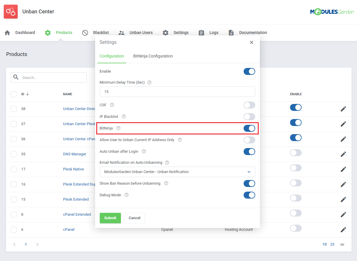 Unban Center For WHMCS: product Settings dialog Configuration tab with the BitNinja switch highlighted