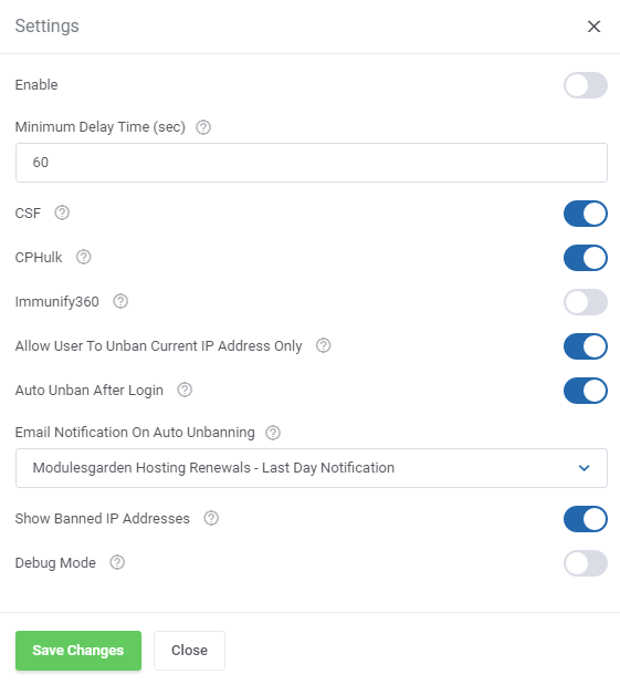 Unban Center For WHMCS: product Settings dialog with enable, delay time, CSF, auto unban and debug mode options