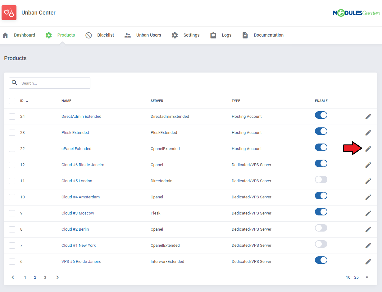 Unban Center For WHMCS: Products tab with the list of products and an arrow pointing to the edit icon of cPanel Extended