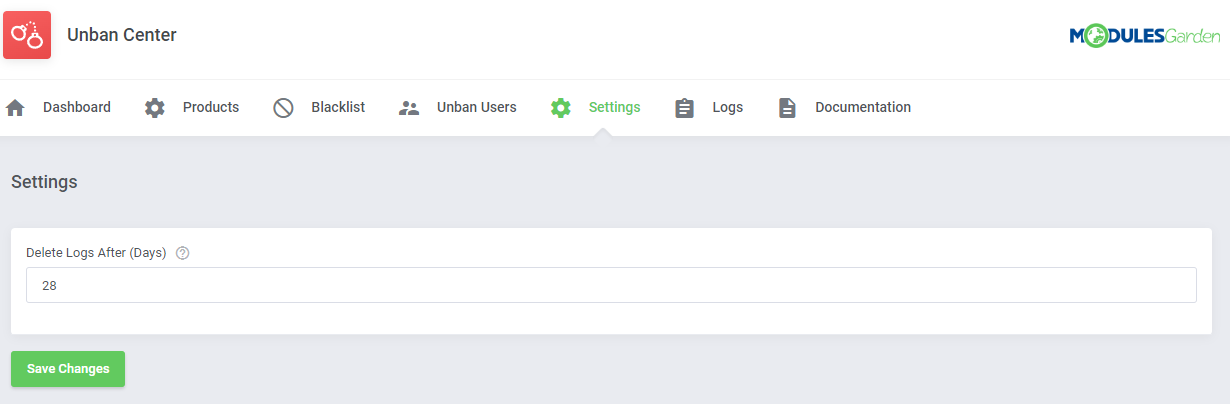 Unban Center For WHMCS: Settings tab of the module with the Delete Logs After (Days) field and the Save Changes button