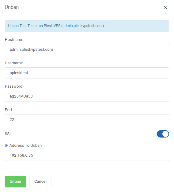 Unban Center For WHMCS: Unban dialog for a Plesk VPS with hostname, username, password, port, SSL and IP address fields