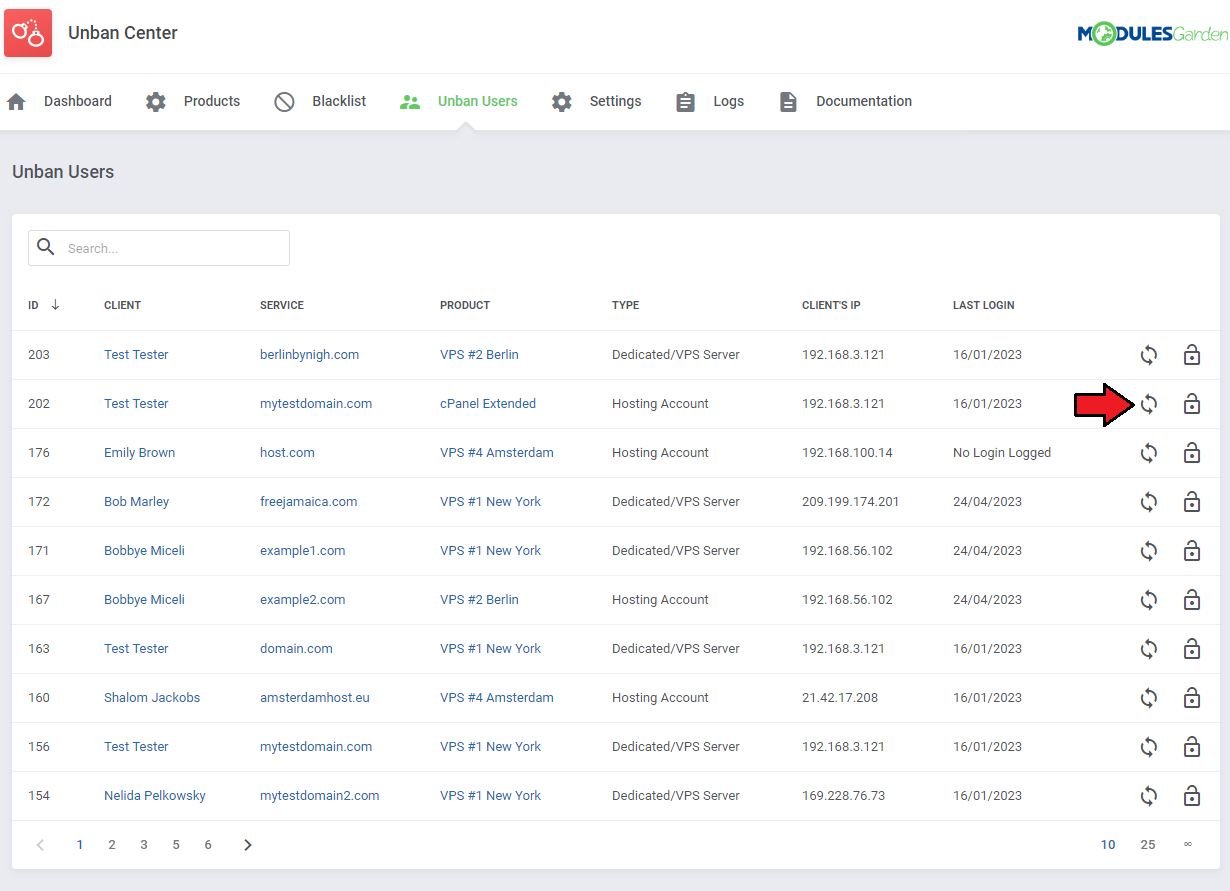 Unban Center For WHMCS: Unban Users tab with an arrow pointing to the Check Status icon in the clients list