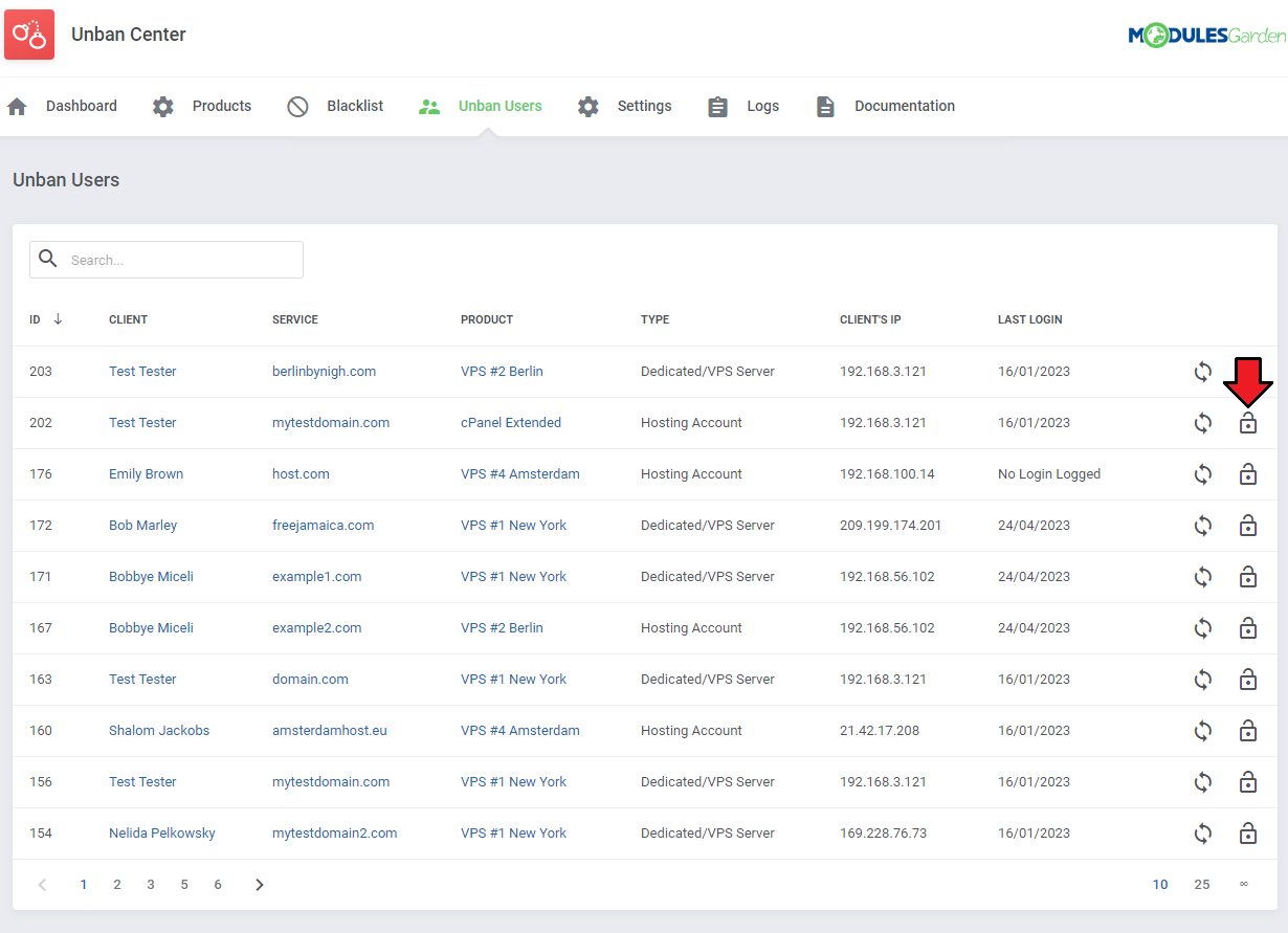 Unban Center For WHMCS: Unban Users tab with the clients list and an arrow pointing to the unban lock icon