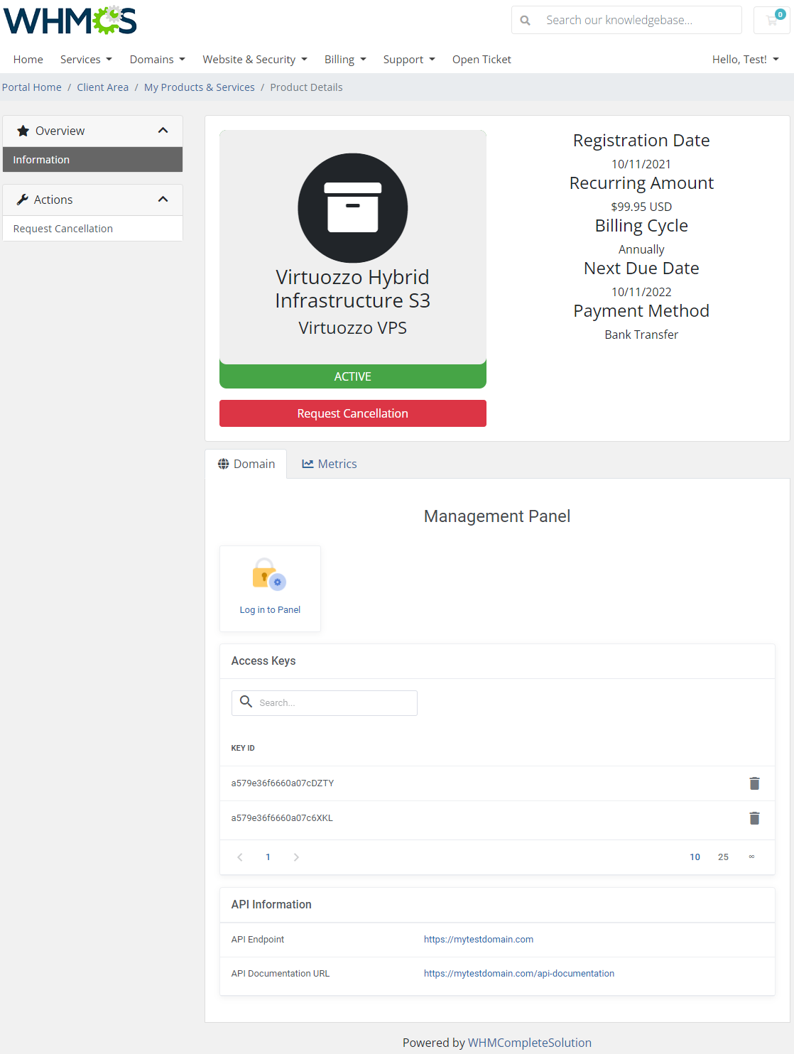 Virtuozzo Hybrid Infrastructure S3 For WHMCS: client area Access Keys table with two generated key pairs and delete