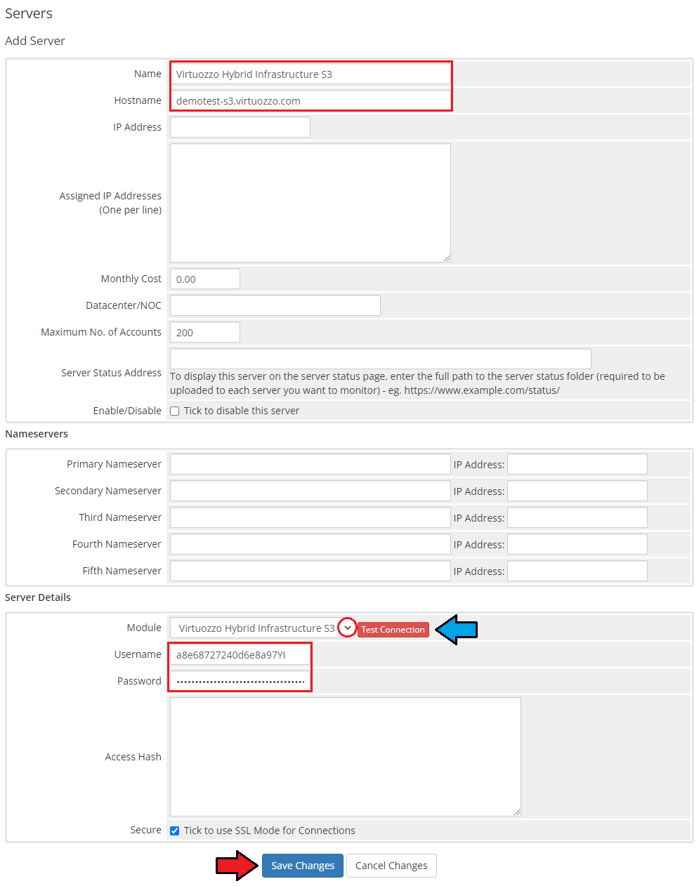 Virtuozzo Hybrid Infrastructure S3 For WHMCS: WHMCS Add Server form with name, hostname, username and password