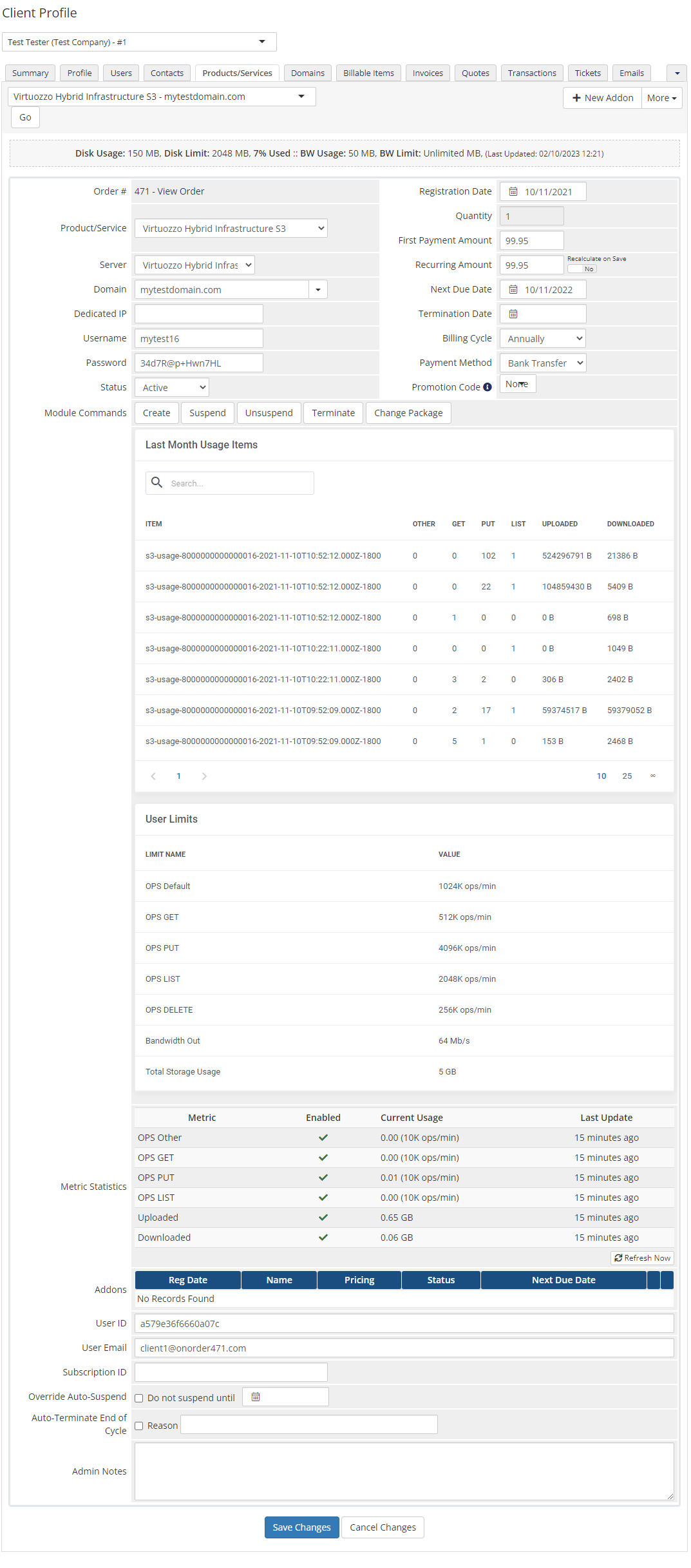 Virtuozzo Hybrid Infrastructure S3 For WHMCS: admin client product page with usage items, user limits and metrics
