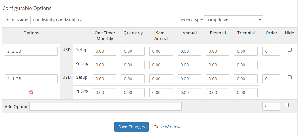 Virtuozzo Hybrid Infrastructure S3 For WHMCS: WHMCS configurable option Bandwidth with GB values and pricing fields