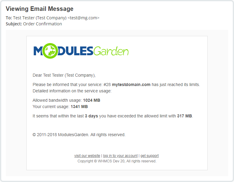 Virtuozzo Hybrid Infrastructure S3 For WHMCS: order confirmation style email about reaching bandwidth limits