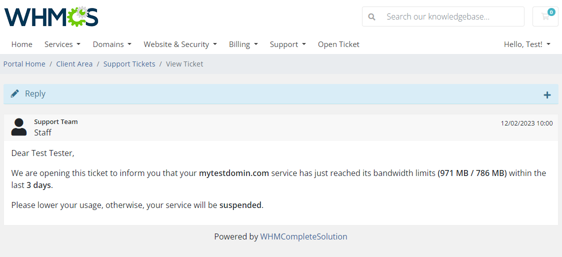 Virtuozzo Hybrid Infrastructure S3 For WHMCS: client area support ticket about reaching bandwidth limits