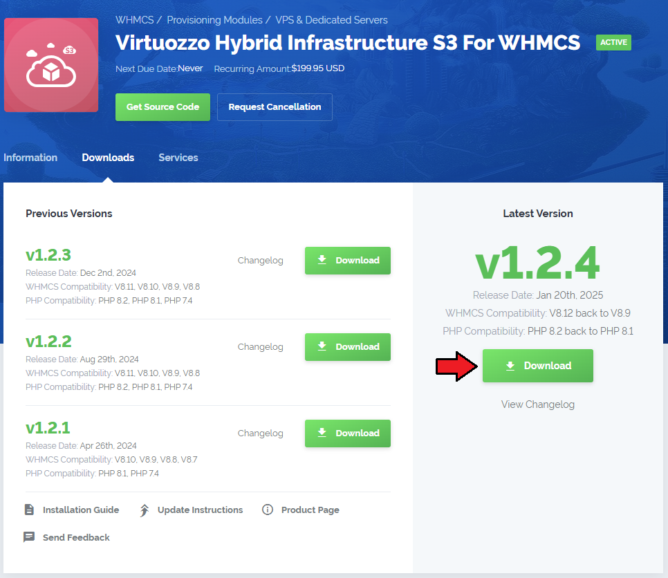 Virtuozzo Hybrid Infrastructure S3 For WHMCS: module download page in the client area with the Download button
