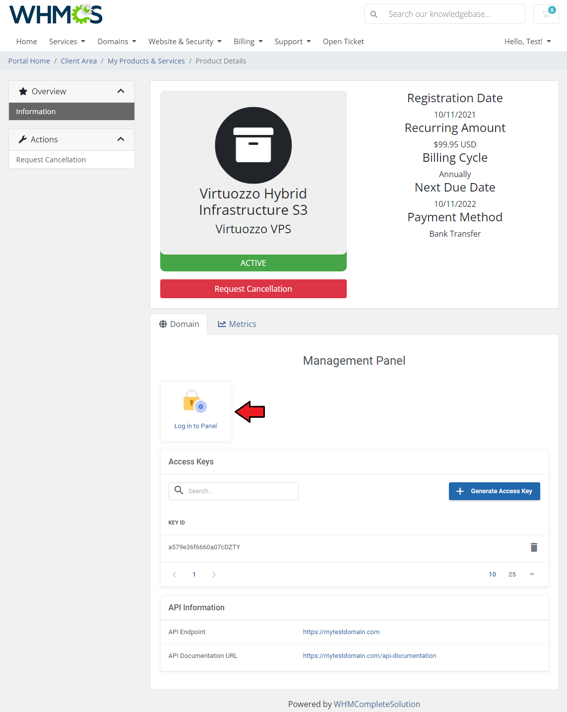 Virtuozzo Hybrid Infrastructure S3 For WHMCS: client area product details with Log in to Panel button and access keys