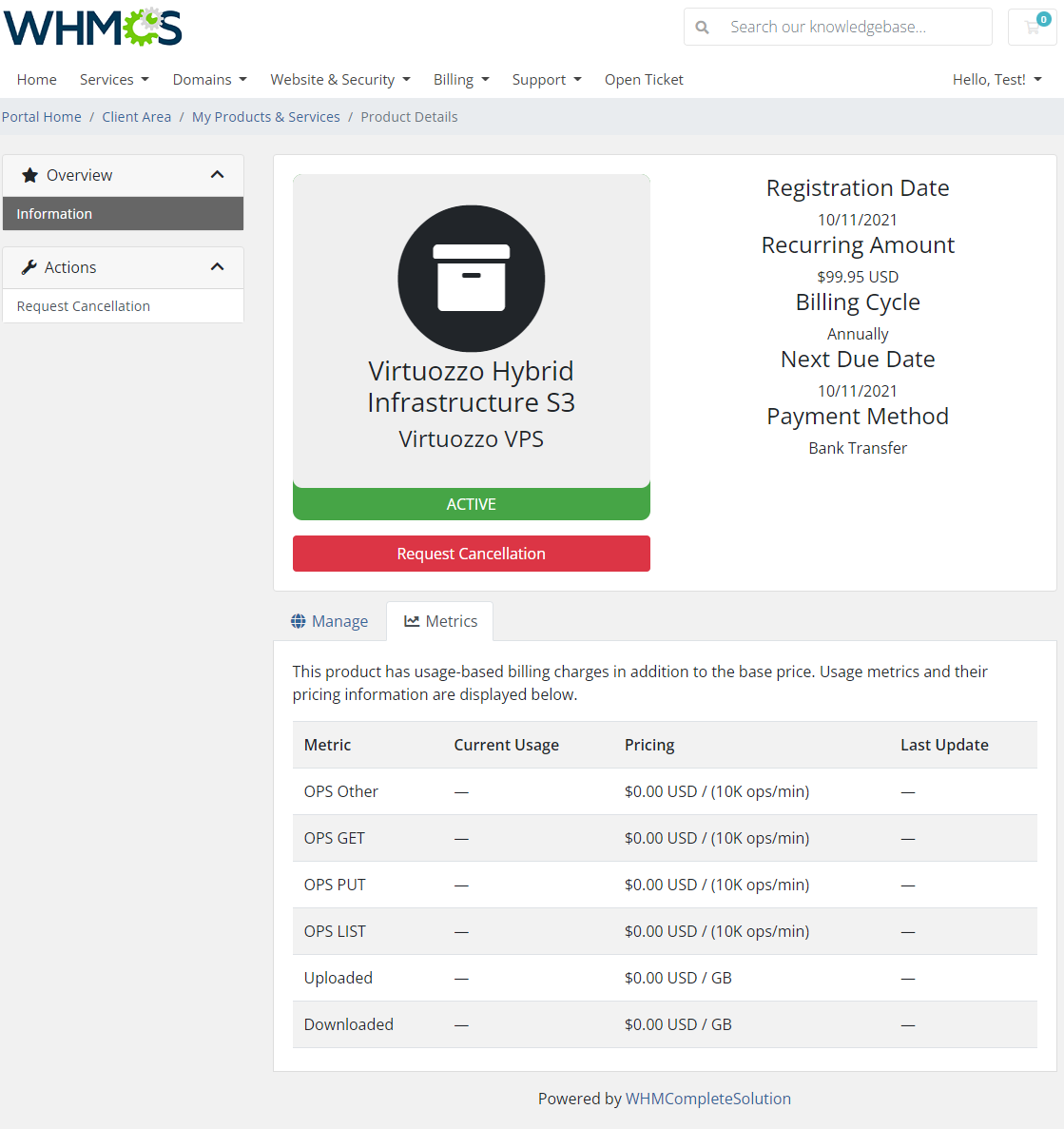 Virtuozzo Hybrid Infrastructure S3 For WHMCS: client area Metrics tab with usage-based billing metrics and pricing