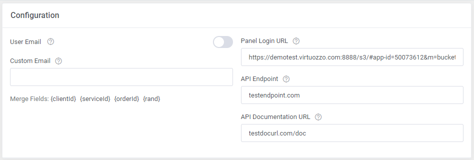 Virtuozzo Hybrid Infrastructure S3 For WHMCS: Configuration section with Panel Login URL, API Endpoint and
