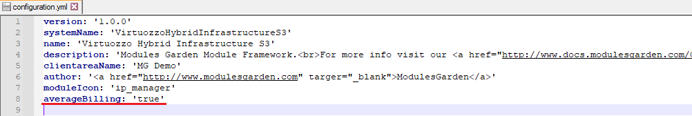 Virtuozzo Hybrid Infrastructure S3 For WHMCS: configuration.yml file with the averageBilling parameter set to true