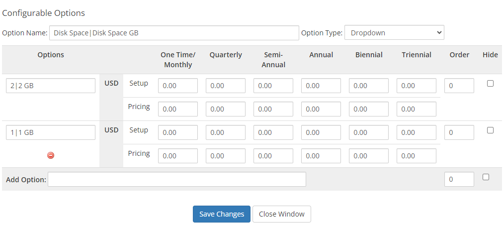 Virtuozzo Hybrid Infrastructure S3 For WHMCS: WHMCS configurable option Disk Space with GB values and pricing fields