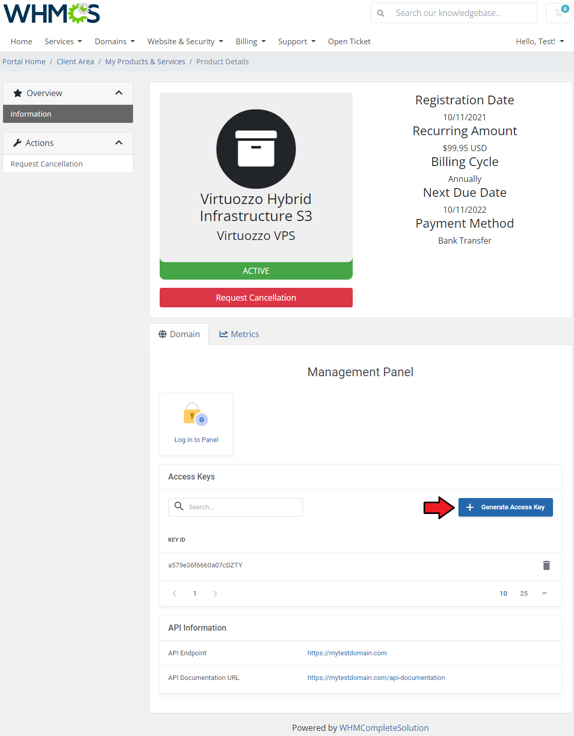 Virtuozzo Hybrid Infrastructure S3 For WHMCS: client area Access Keys table with the Generate Access Key button