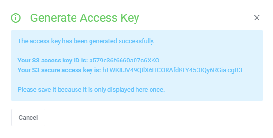 Virtuozzo Hybrid Infrastructure S3 For WHMCS: Generate Access Key dialog showing the new S3 access key ID and secret key