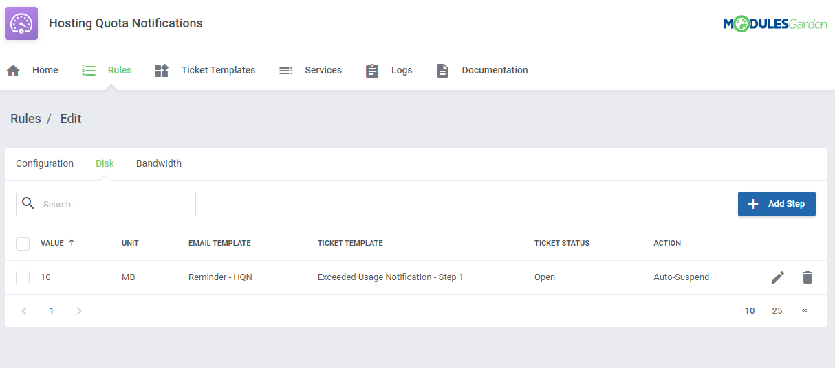 Virtuozzo Hybrid Infrastructure S3 For WHMCS: Hosting Quota Notifications addon Rules page with Disk steps table