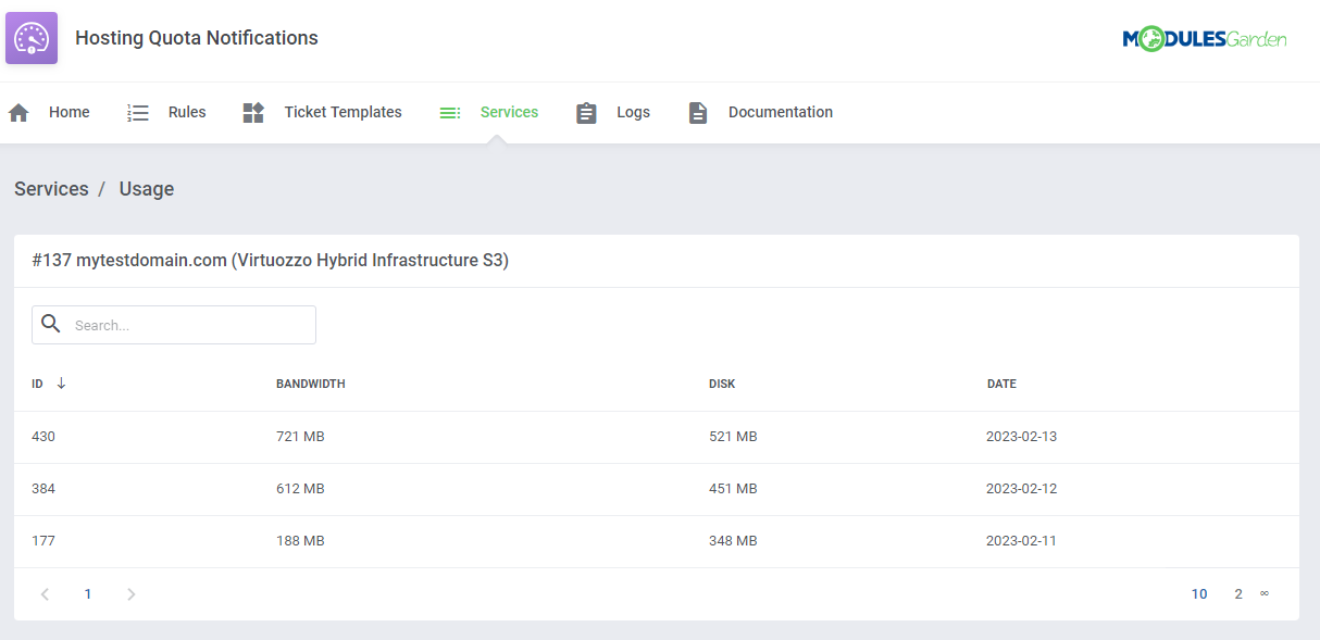 Virtuozzo Hybrid Infrastructure S3 For WHMCS: Hosting Quota Notifications addon Services usage page with bandwidth and