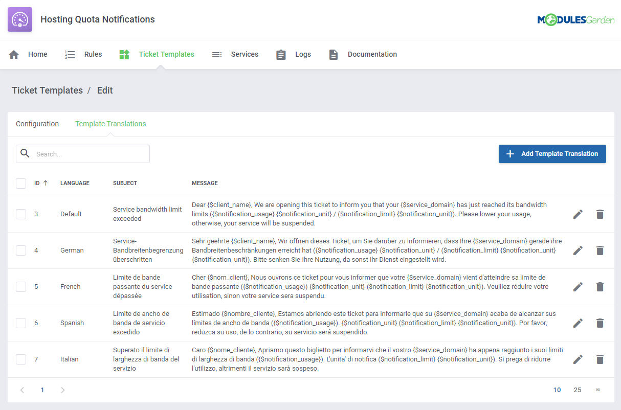 Virtuozzo Hybrid Infrastructure S3 For WHMCS: Hosting Quota Notifications addon Ticket Templates with template