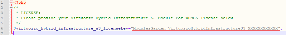 Virtuozzo Hybrid Infrastructure S3 For WHMCS: license.php file with the license key entered in the code