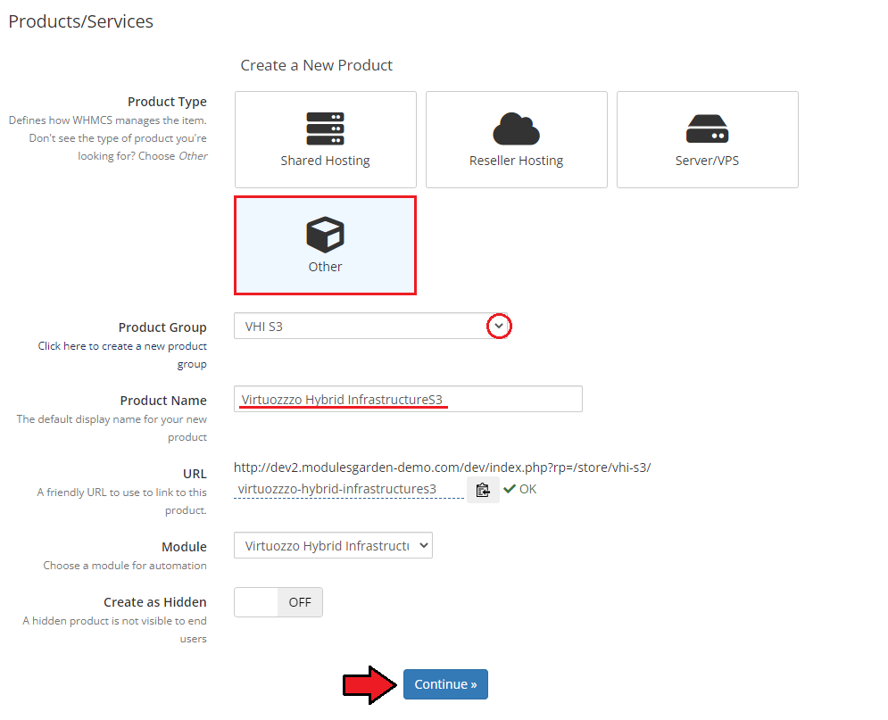 Virtuozzo Hybrid Infrastructure S3 For WHMCS: WHMCS Create a New Product form with product type, group and module