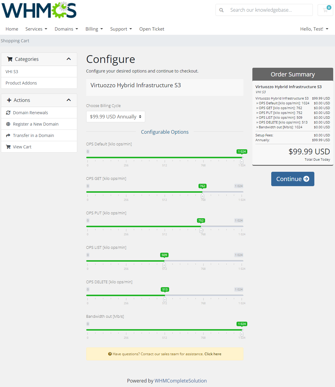 Virtuozzo Hybrid Infrastructure S3 For WHMCS: client area order form with configurable option sliders and order summary