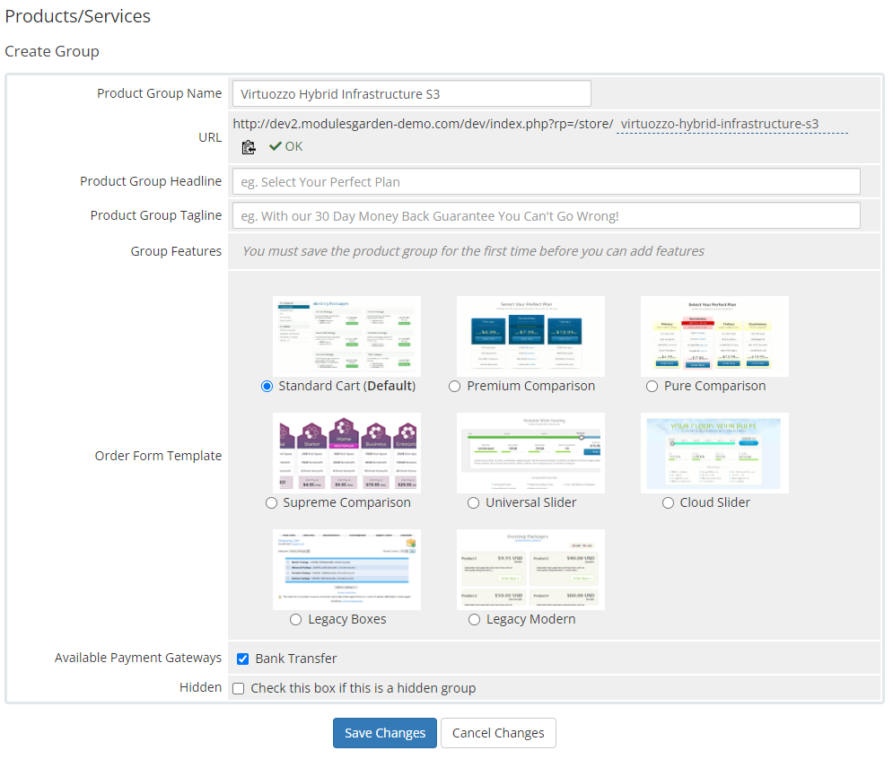 Virtuozzo Hybrid Infrastructure S3 For WHMCS: WHMCS Create Group form for the product group name