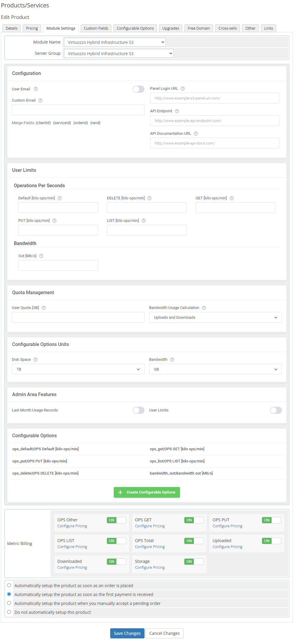 Virtuozzo Hybrid Infrastructure S3 For WHMCS: full module settings tab in WHMCS product with all configuration sections