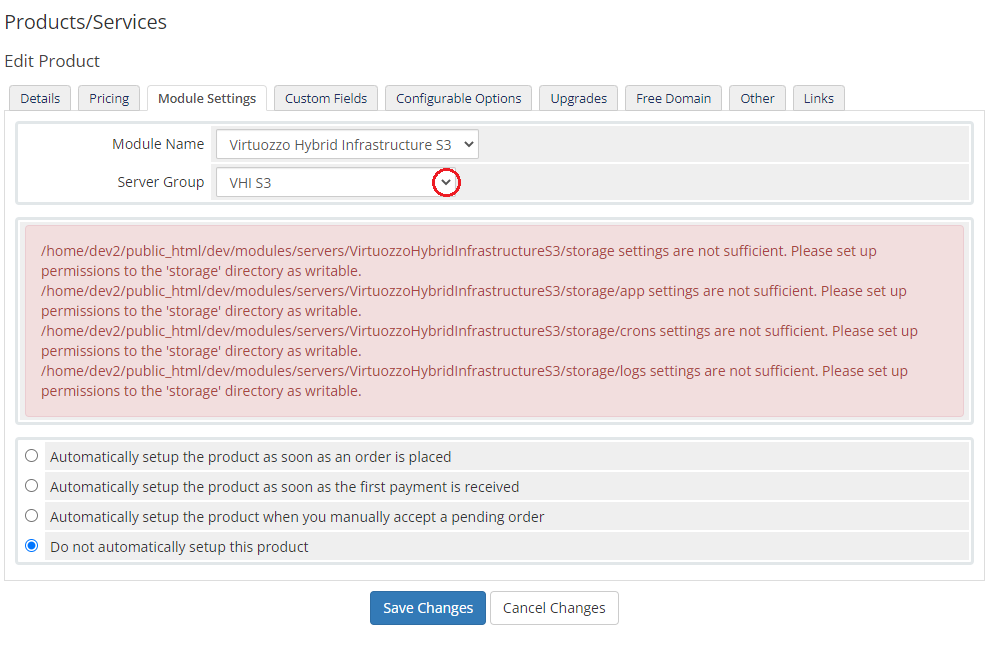 Virtuozzo Hybrid Infrastructure S3 For WHMCS: WHMCS product Module Settings tab with permission errors for the storage