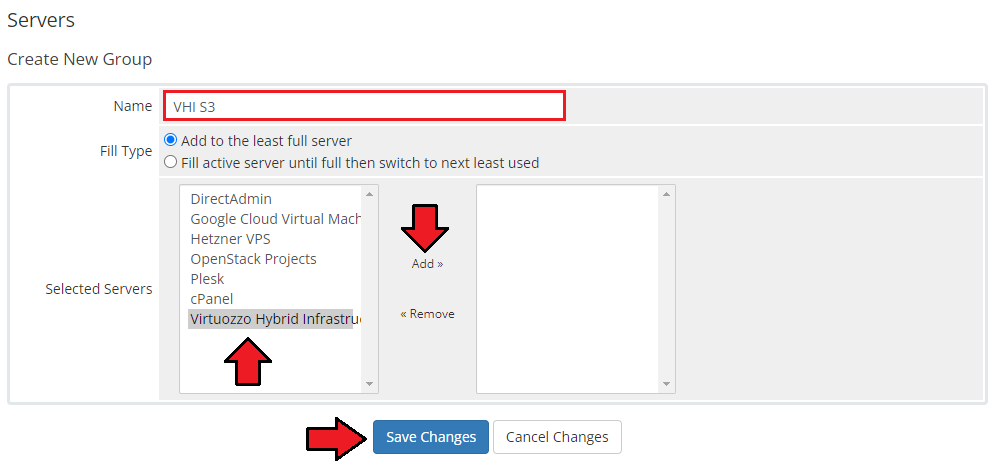 Virtuozzo Hybrid Infrastructure S3 For WHMCS: WHMCS Create New Group form with the server selected and added