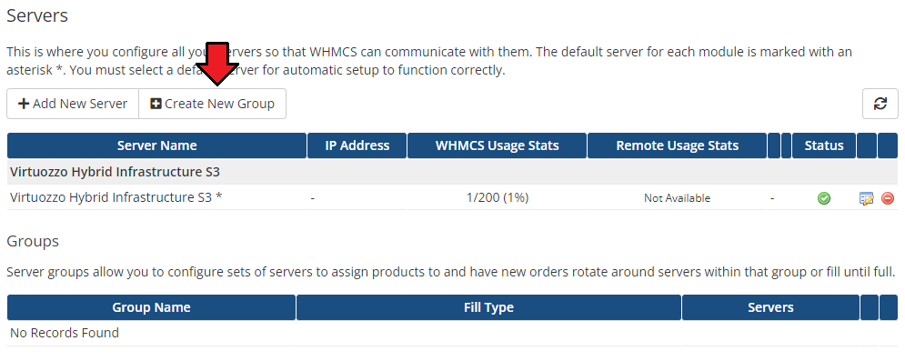Virtuozzo Hybrid Infrastructure S3 For WHMCS: WHMCS Servers page with a server added and Create New Group button