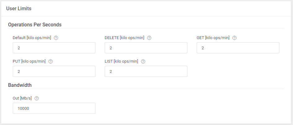 Virtuozzo Hybrid Infrastructure S3 For WHMCS: User Limits section with operations per second and outgoing bandwidth